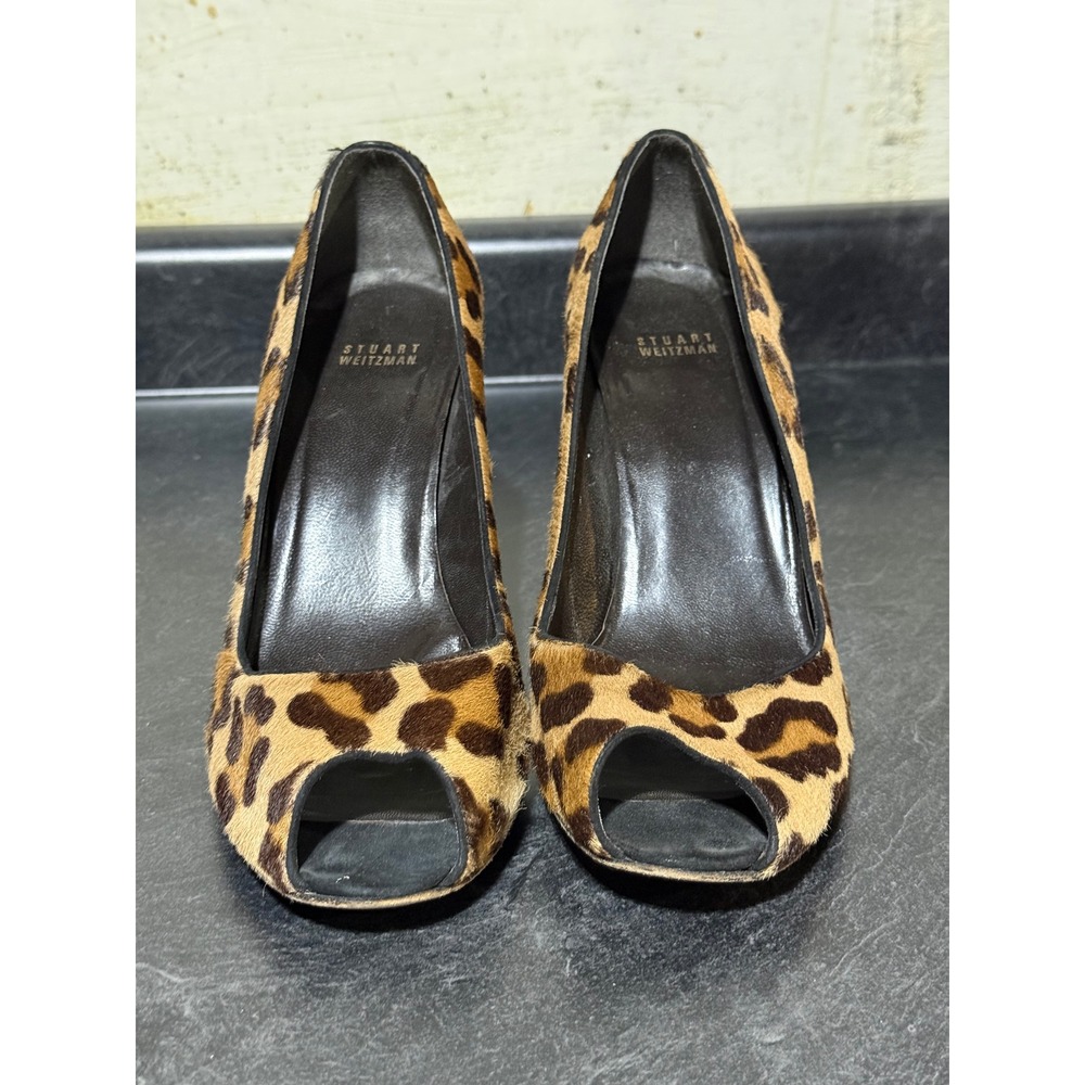 Stuart Weitzman Leopard Calf Hair Peep Toe Wedge Heels BW Brown Womens 11 M